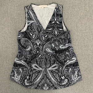 LOFT Paisley Print Blouse Black White Small Petite Elastic Cinched Waist Relaxed